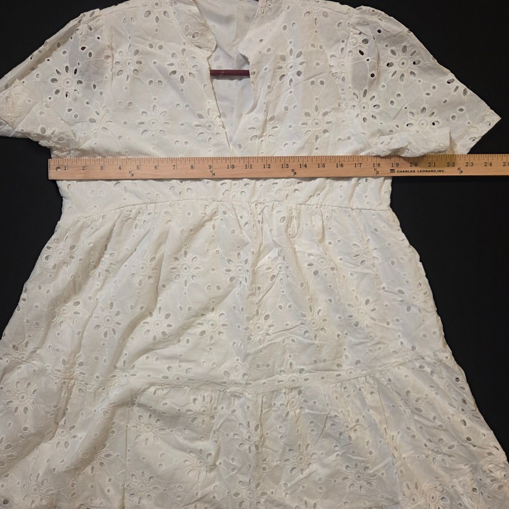 Unbranded White Eyelet Lace Tiered Babydoll Dress V-Neck Short Sleeve Boho Mini - Picture 4 of 8
